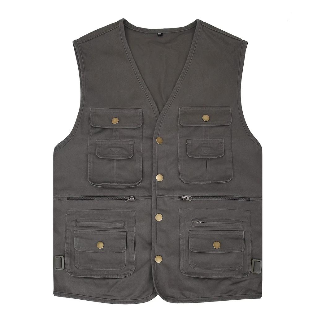 Herren Ärmellose Jacke 100% Baumwolle Weste für Männer Mehrfachtaschen Westen Outdoor Angeln Fotografie Pferdeclip Freizeitkleidung