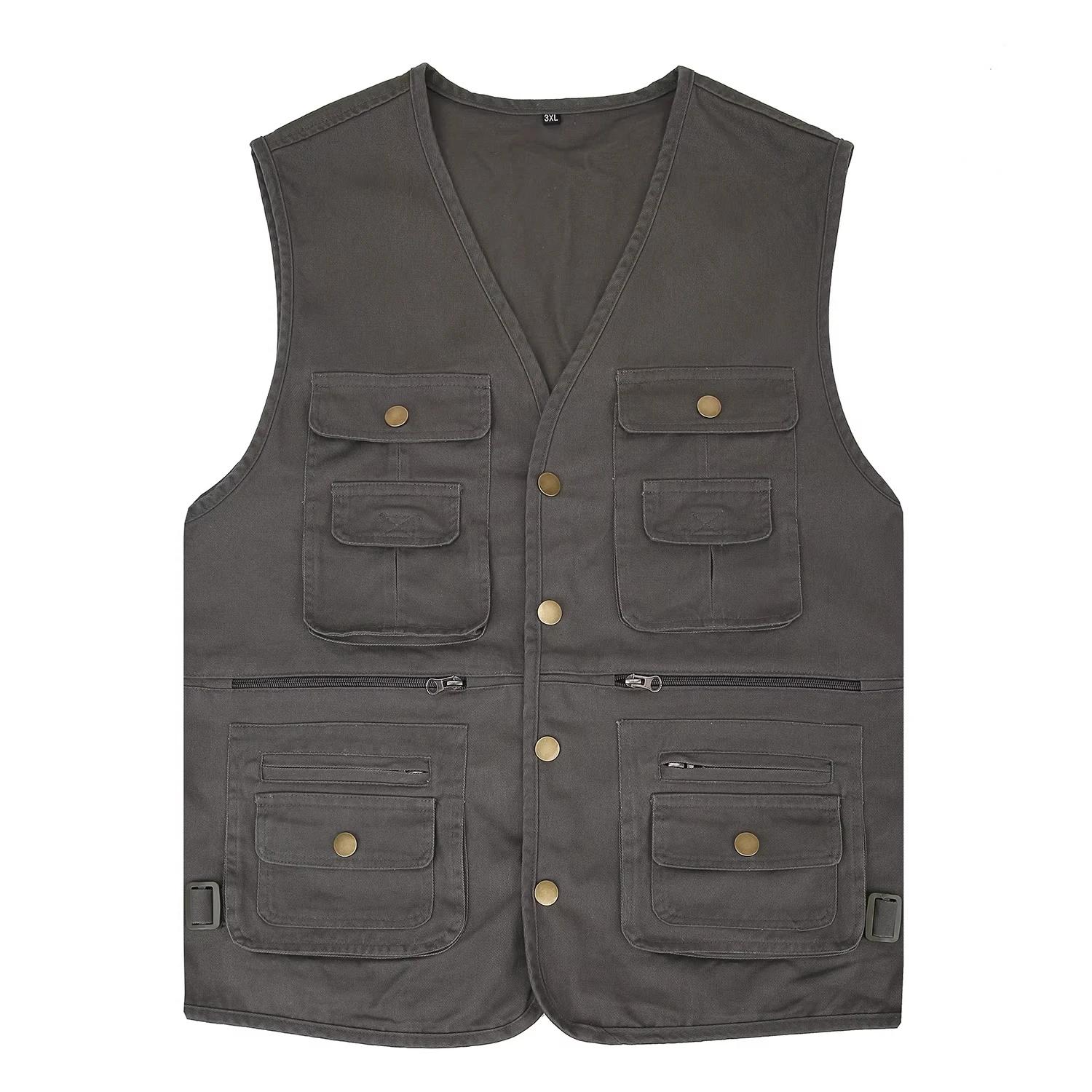 

Мужская безрукавка 100% хлопок жилет для мужчин многокарманные жилеты для улицы рыбалка фотография зажим для лошади повседневная одежда 6XL серый