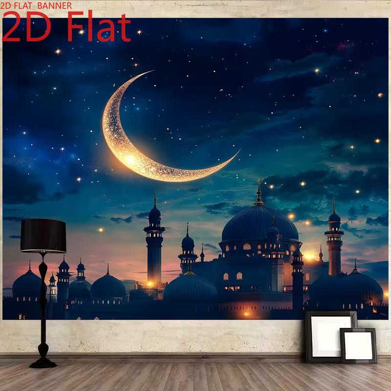 2D Islamic Mosque Crescent Moon Backdrop, Ramadan Festival Photography Background