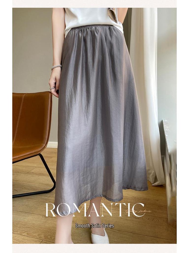 Women's Summer A-line Silk Satin Midi Skirt - High Waist, Solid Color