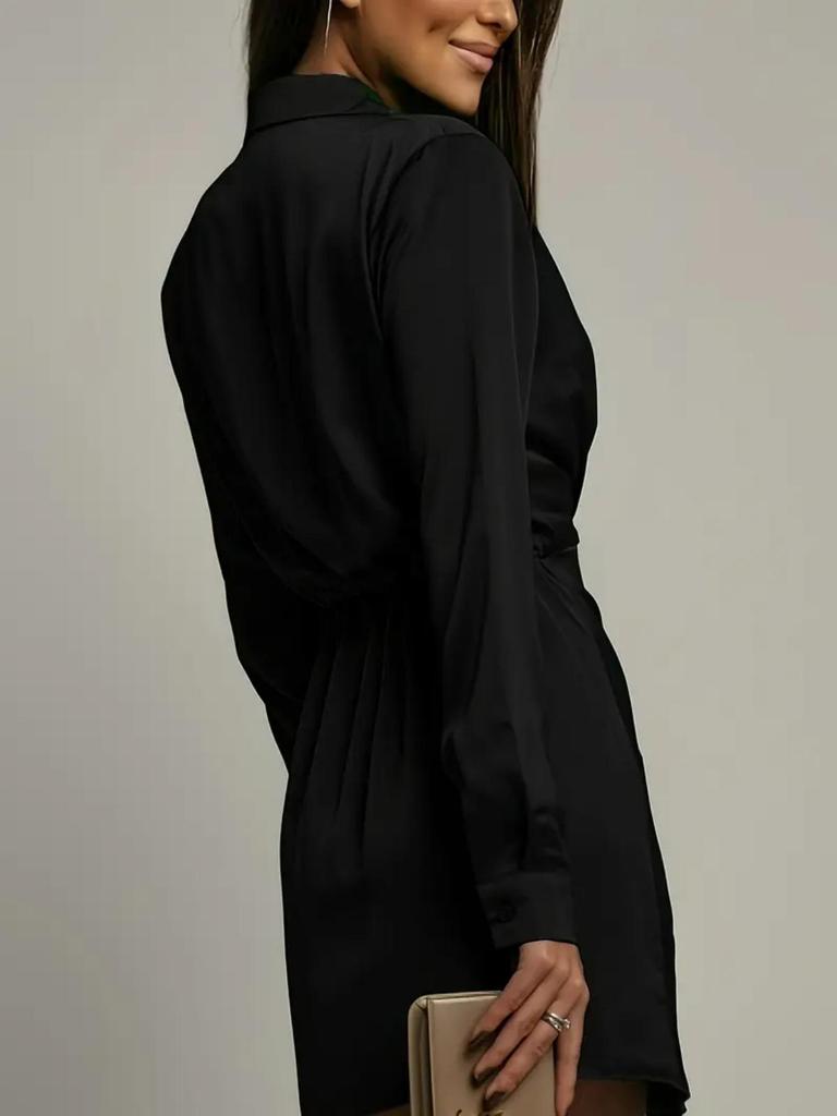 2026 European & American V-Neck Pleated Long Sleeve Dress