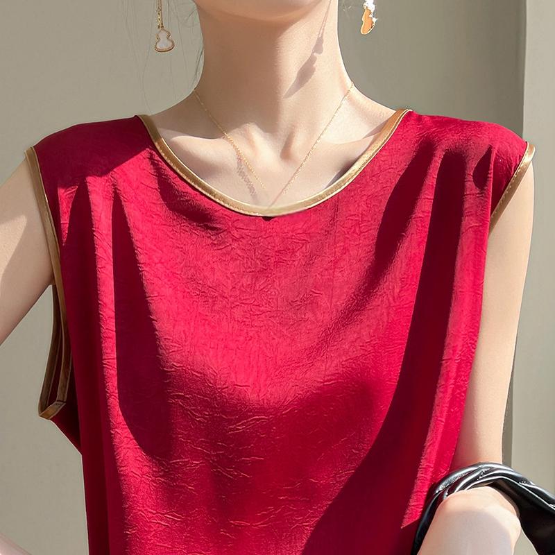 

Летний женский жилет, новый ледяной шелк, шелковый слинг, 50% шелк, 50% полиэстер, смешанное волокно, дышащая, маленькая рубашка XXL красный