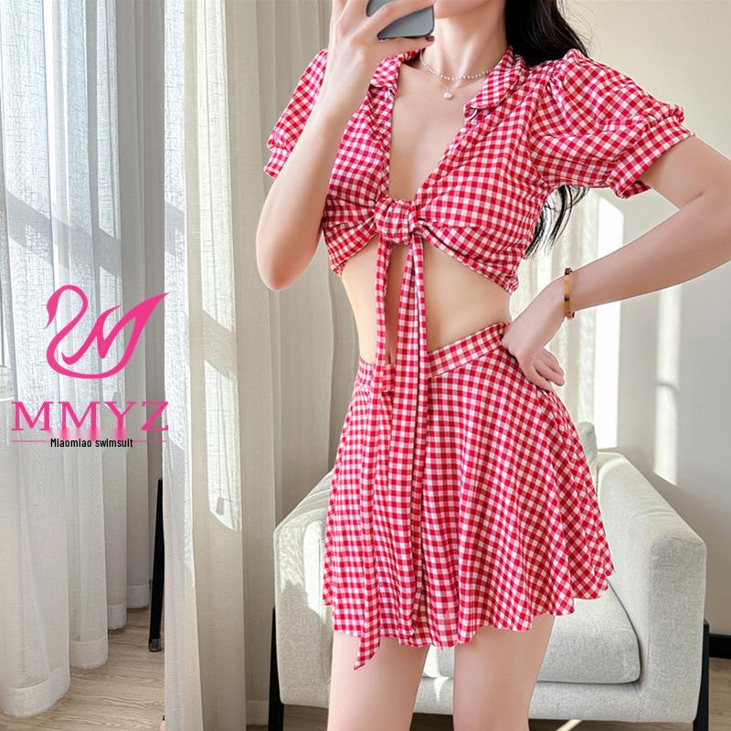 

Клетчатый купальник-контроль для женщин, консервативный, утягивающий, с разрезом - Модный купальник, скрывающий живот, для свежего стиля. L (105-118 lbs)