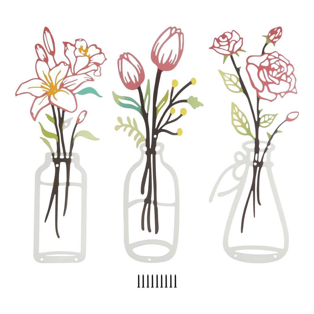 3 Pcs Metal Flowers Wall Decor Flower Wall Art Decorative with Screws Vase Hanging Decoration for Living Room Bedroom Home Decor