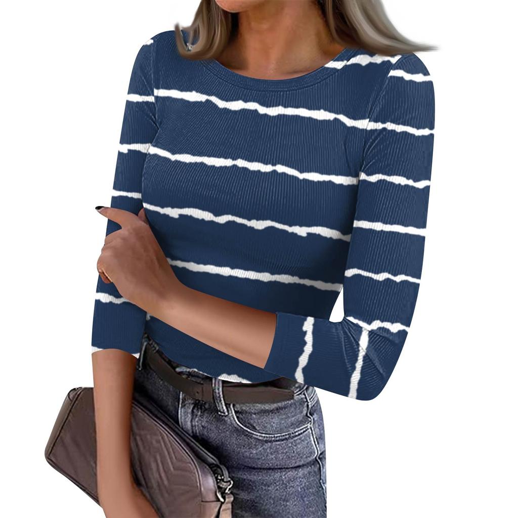 Women's Slim Bottom T-shirt Fashion Casual Stripe Printed Round Neck Pullover Seven Sleeve Top
