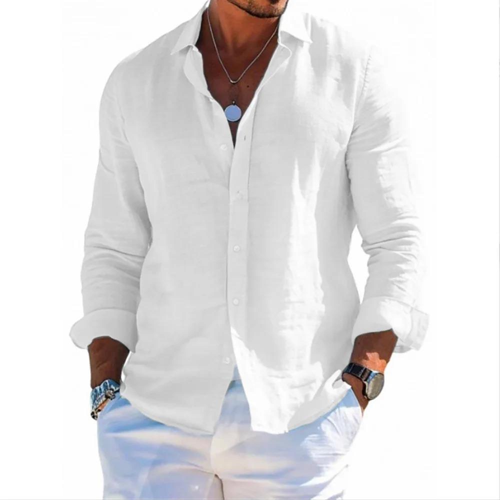 

Мужская весенне-летняя рубашка с длинным рукавом, смесь хлопка и льна, повседневный свободный крой, однотонная, воротник с лацканами, однобортная XXL слоновая кость