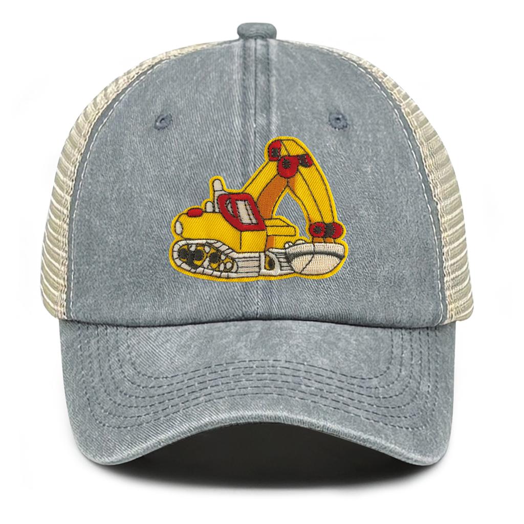 Cartoon Excavator Embroidery Mesh Cap Snapback Trucker Hat Caps For Man Washed Cotton Unisex Adjustable Mesh Cap