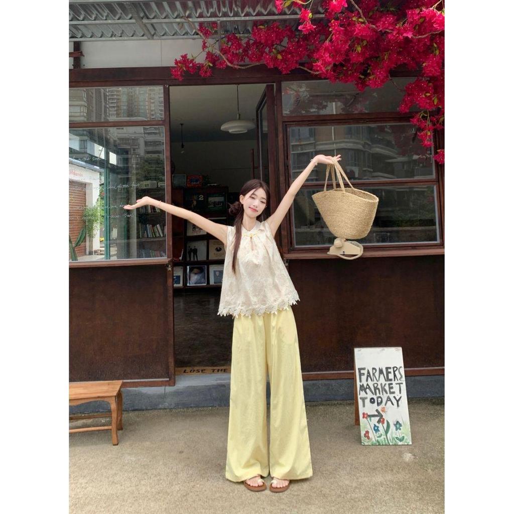 Women's Ethnic-Style Frog Button Crochet Top & Wide-Leg Pants Set - Summer 2026 Retro Fashion