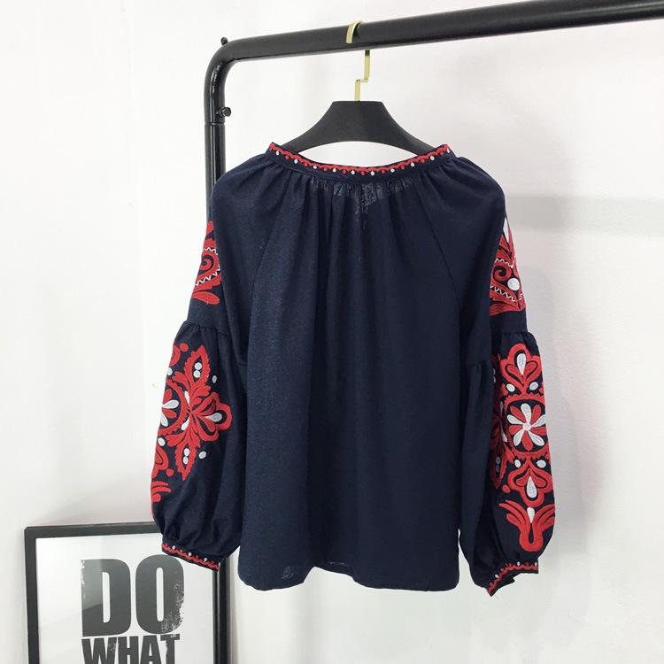 Ethnic Embroidery Floral Blouse Long Sleeve Women Shirts Vintage Tassel Lace Up Collar Blouses