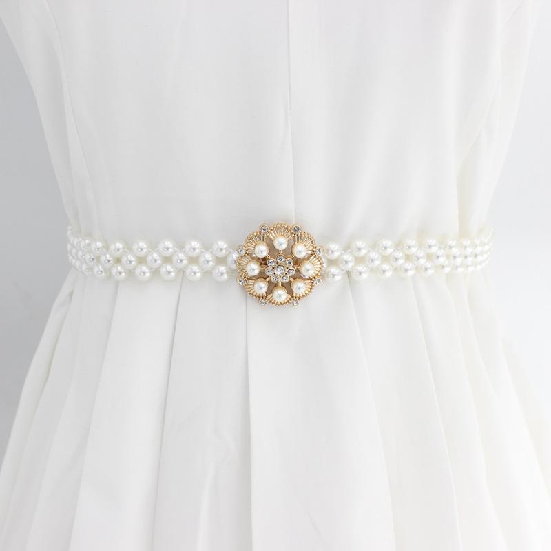 Women'S Rhinestone Pearl Waist Chain Dress Decorative Elastic Belt Women'S Sweet Flower Elastic Waist Seal