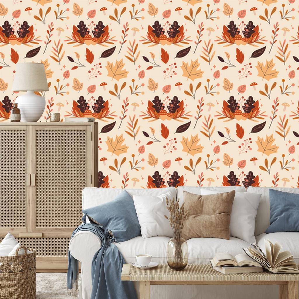 Dry Leaves Wallpaper Cream and Orange for Living Room and Bedroom 50x1000