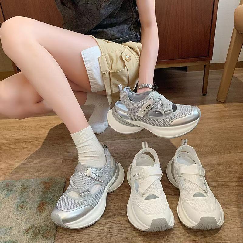 High-top Hollowed-out Dad Shoes, Versatile for Women, with Magnetic Fastening Panels On The Sole.