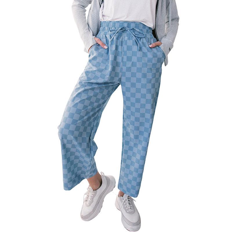 

2025 Women s European & American Fashion Plaid High-Waisted Loose Straight-Leg Summer Pants Small синий
