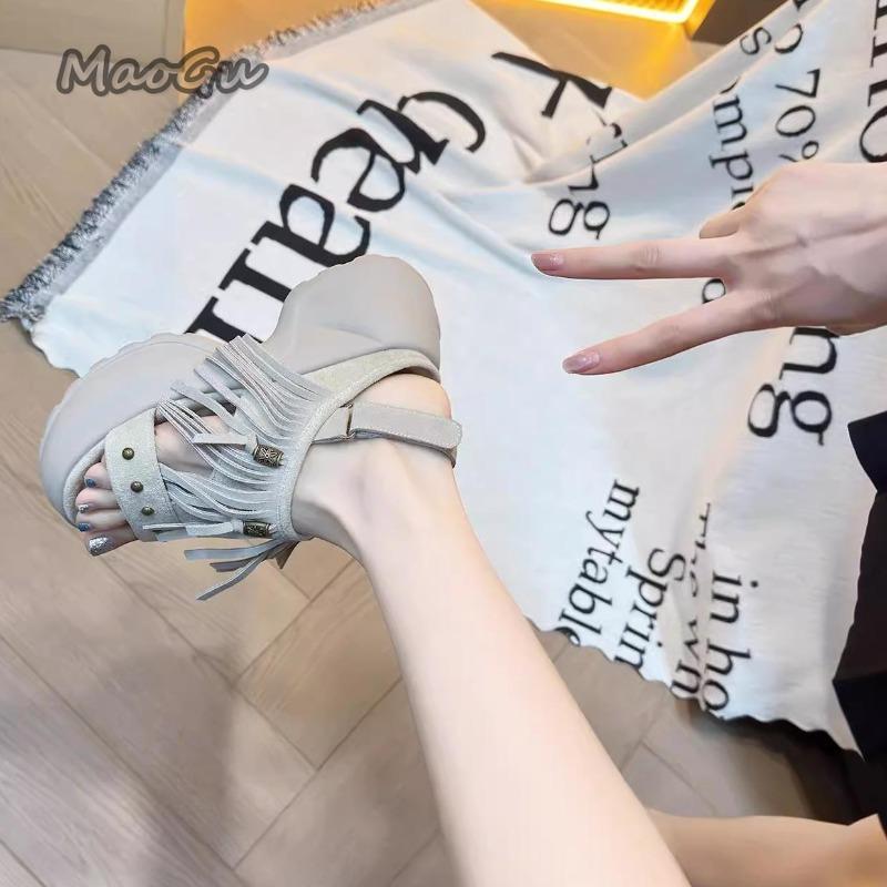 Fashion Metal Rivet Decoration Fringe Suede Sandals Women 2025 Summer Chunky Platform Wedge Sandals Casual Back Strap Shoes Sandalias