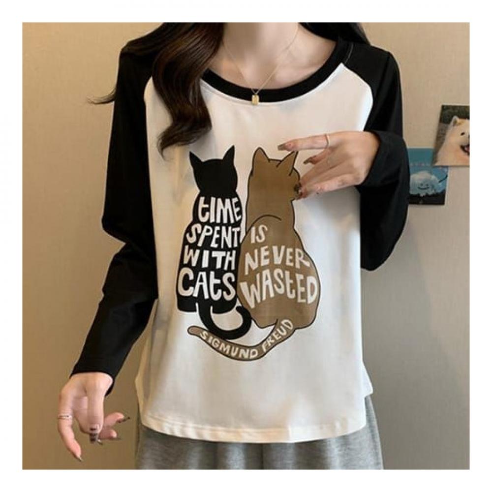 Navava Women S CaT PrinTing Raglan Long Sleeve T ShirT nT1334