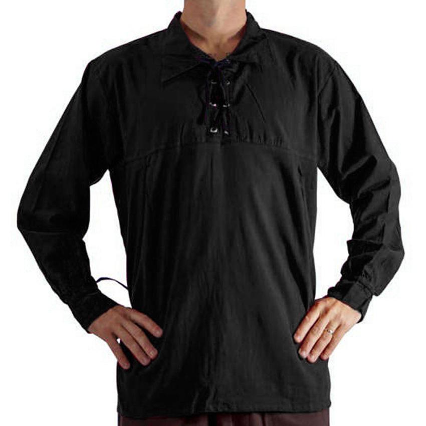 

OhBaby Middle Ages High Quality Fashion Bandage Lapel Retro Long Sleeve Loose Men s Shirt XXL чорний