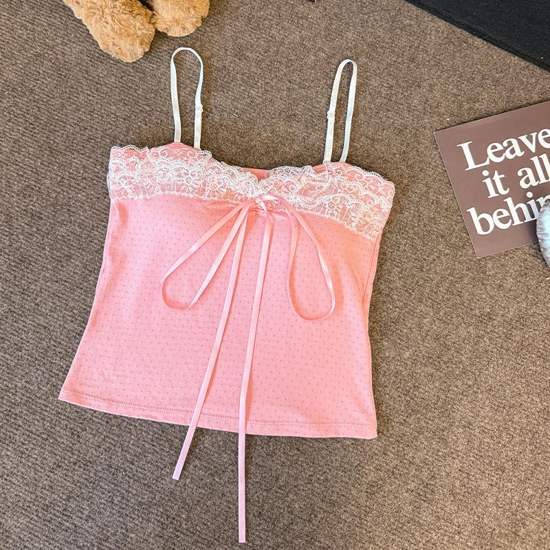 Summer Women'S Sweet Sexy Bow Lace Patchwork Sleeveless Slim Camisole With Chest Pad