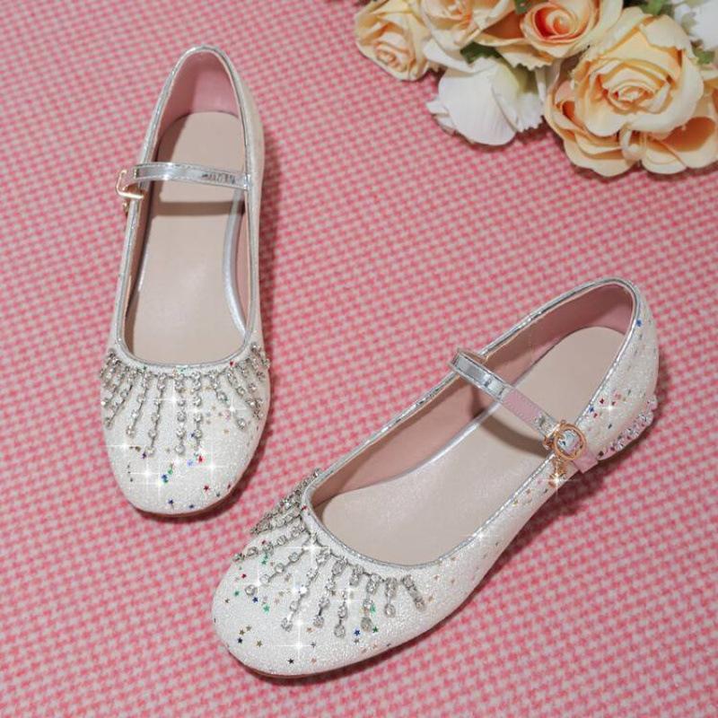 Four seasons wear girls single shoes sweet college buckle beef tendon soft sole older children sequined crystal shoes new children's leather shoes