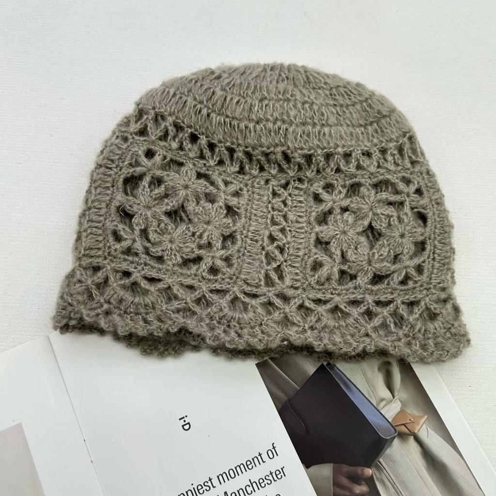 Double-layer handmade crochet hollow bag hat female elegant versatile knitted pullover hat autumn and winter breathable travel cold hat