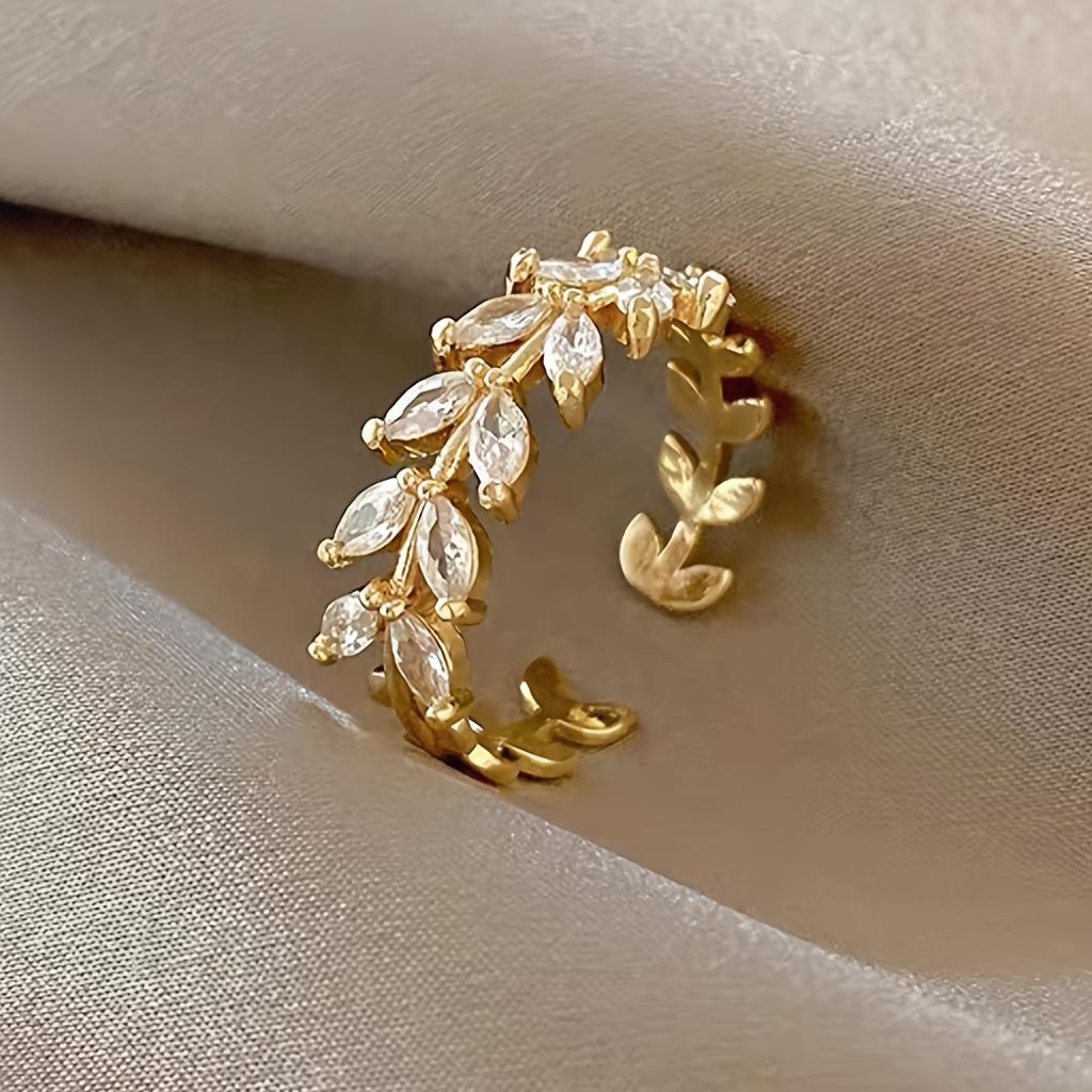 1pc Elegant Simple Wheat Design Copper Ring with Synthetic Zirconia – Fashionable Open Cuff Ring for Women