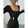 Spring New U-neck Solid Color Slim Knitted Long-sleeved Slit Dress