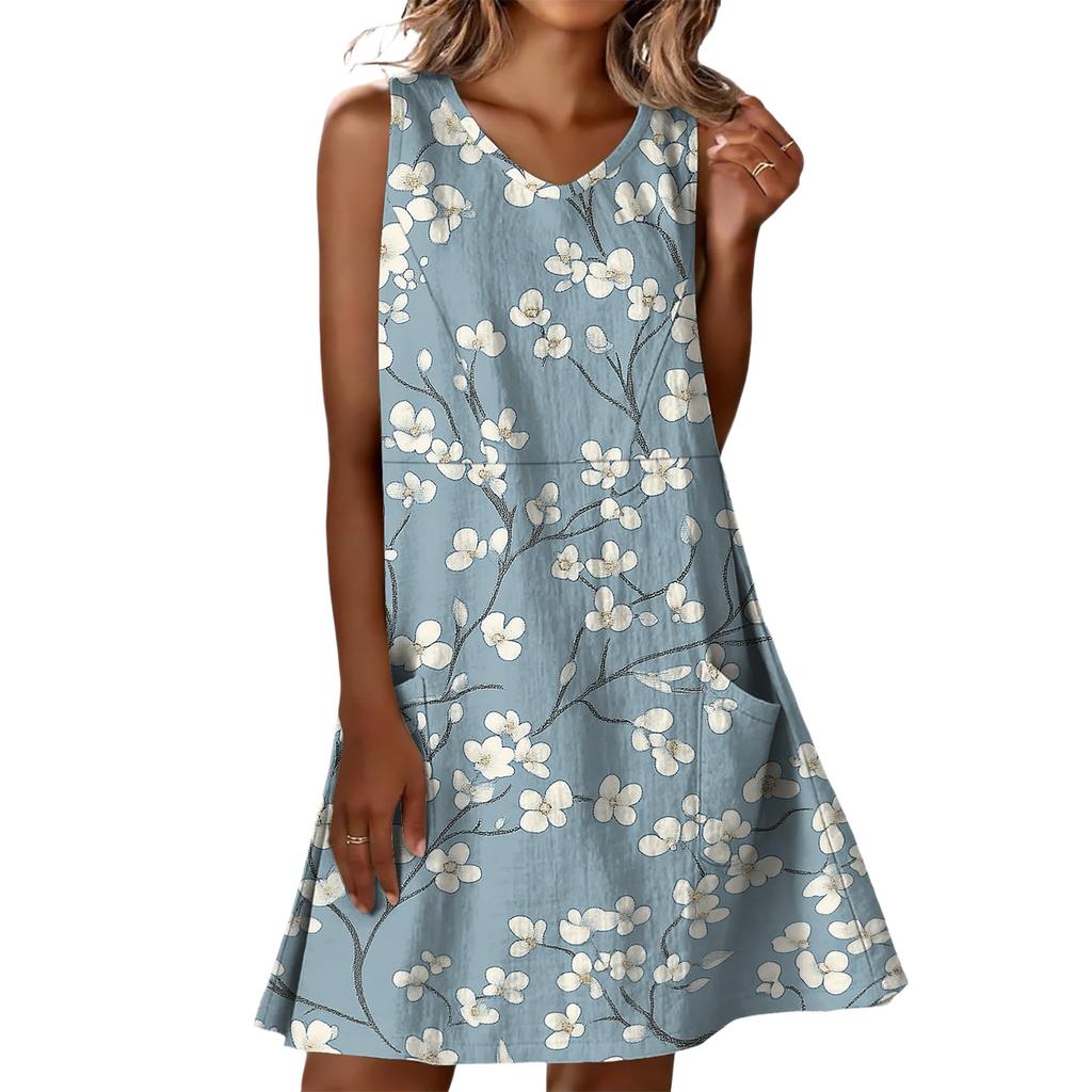 Women Sleeveless V Neck Casual Dress with Pockets Floral Print Relaxed Fit Summer A Line Dress for Daily Wear