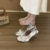 Hand-sewn Rhinestones with Women's Sandals Super Fire 2025 Summer New Silver High Heels Stiletto Sexy Open Toes