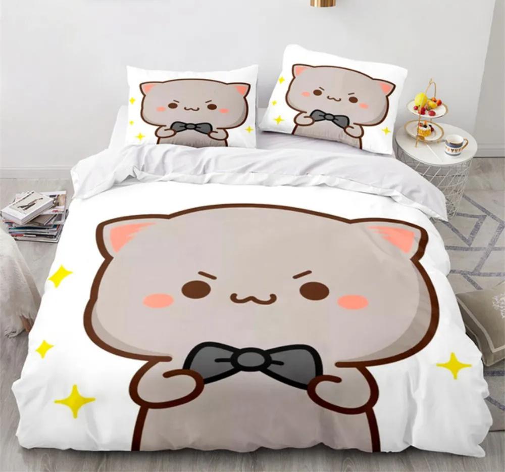 Peach Cat Bedding Quilt Cover Set 3Pcs Bedding Set Goma Cute Cats Duvet Cover Infantil Bedclothes Single Double Queen King Size