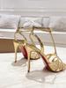 Fashion New slim heel gold French stripe sandals with crossed T-shaped high heels, sexy and elegant socialite women's shoes