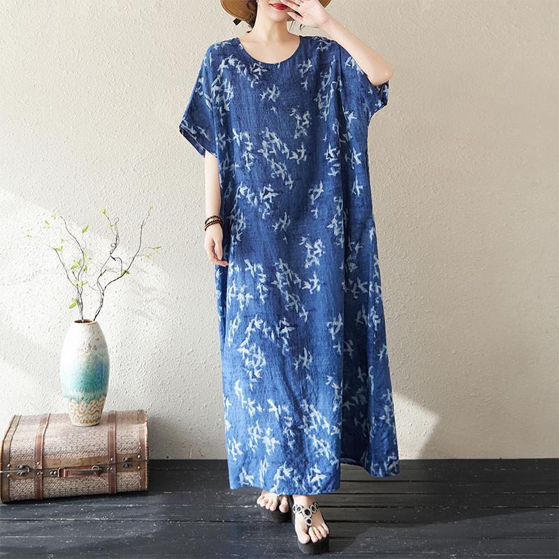 

DIMANAF 2025 Summer Women Plus Size Loose Dress Beach Vintage Basic Casual Long Dress Printing Holiday Dress One Size синий