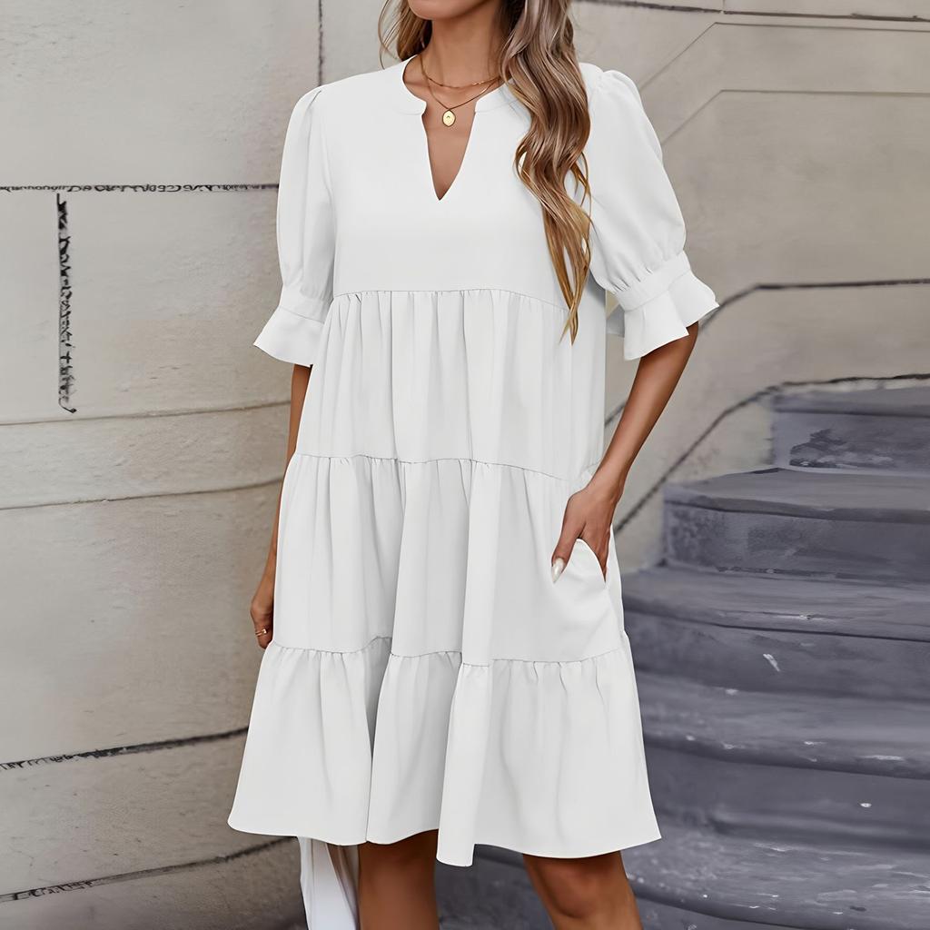 Women's Fashion Casual Slim Middle Sleeve V-Neck Ruffle Dresses