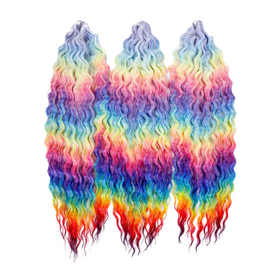 FASHION IDOL Ariel Twist Crochet Hair Synthetic 22 Inch 3 PCS Water Wave Hair Extensions Ombre Rainbow Color Braid Curly Hair