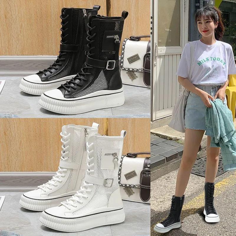 Summer High Top Women'S Shoes Knee High Boots Side Zipper Flats Vulcanized Shoes Lace-Up Comfortable Platform Sneakers