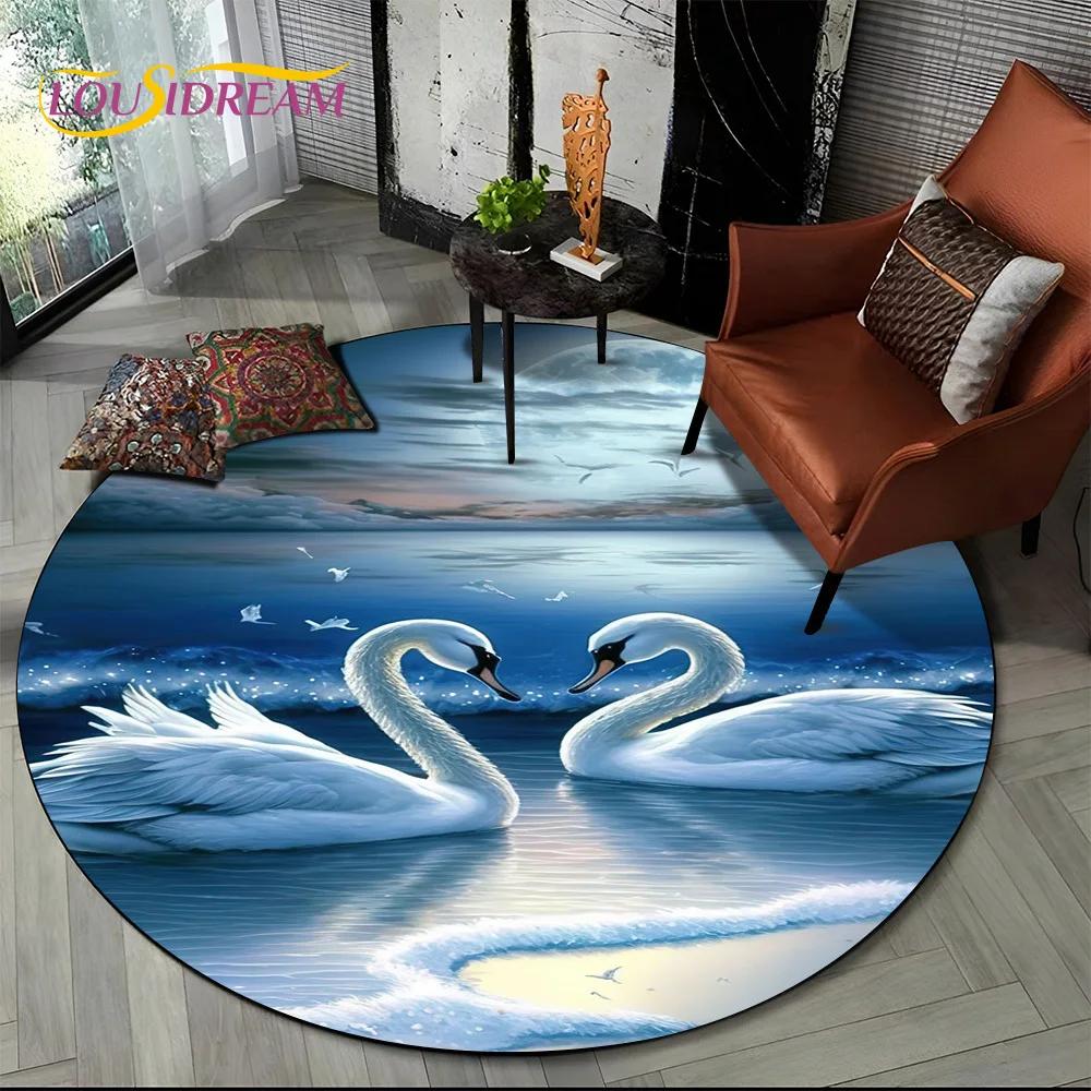 3D Dream Love Swan Cartoon Cygnus Girl Gift Round Carpet Rug for Living Room Bedroom Child Decor,Pet Area Rug Non-slip Floor Mat
