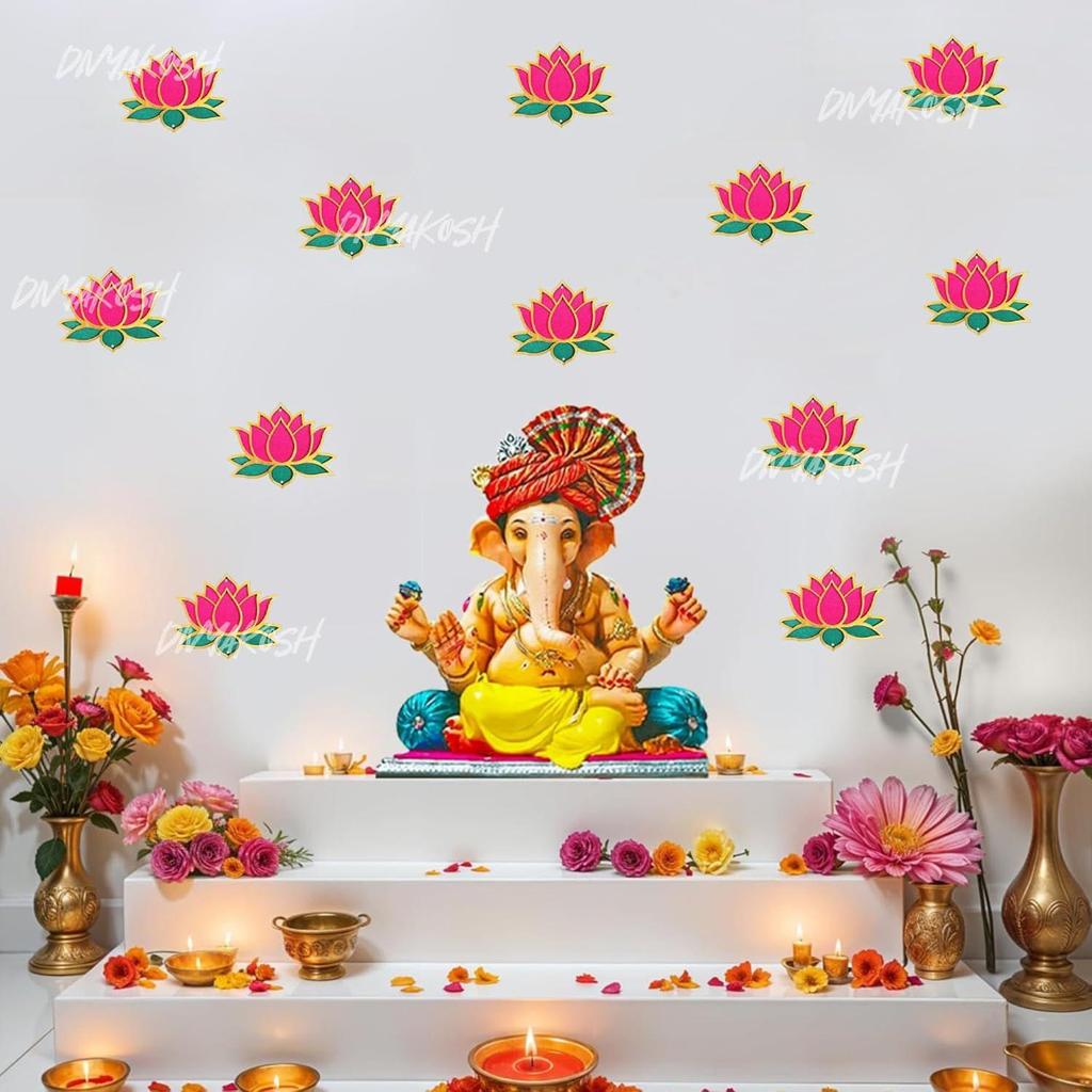 Holz-Lotus-Ausschnitte, 12 Stück, mit Klebepunkten | MDF-Ausschnitte in Exportqualität für DIY-Rangoli, Tempeldeko, Wanddekoration, Eingangstürdekoration