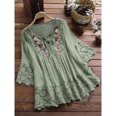 Summer Women's Cotton and Linen Patchwork Lace V-Neck Loose Top