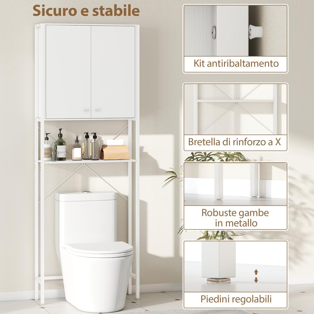 Mobile Toilet with Cabinet and Open Shelf, Space-Saving Washer Top Unit with Metal Legs, for Bathroom and Laundry Room, 64x20x180 cm, White