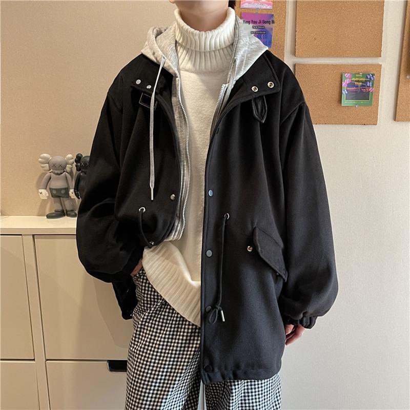 Men's Autumn & Winter Wool Coat: Casual Loose Fit, Hooded Korean Trend, Faux Layered Design.