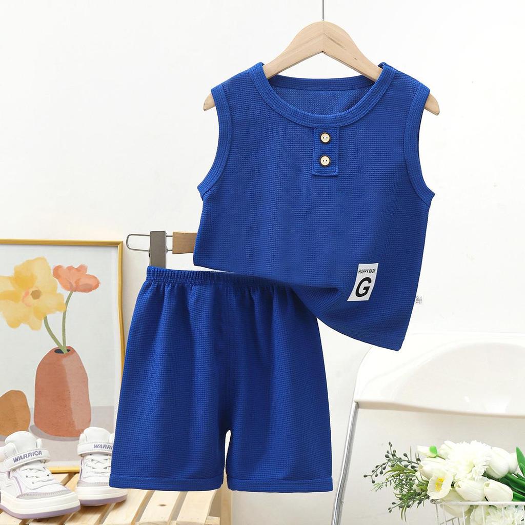 Trendy Waffle Two-Piece Summer Vest Set for Kids: Short-Sleeved Outfit