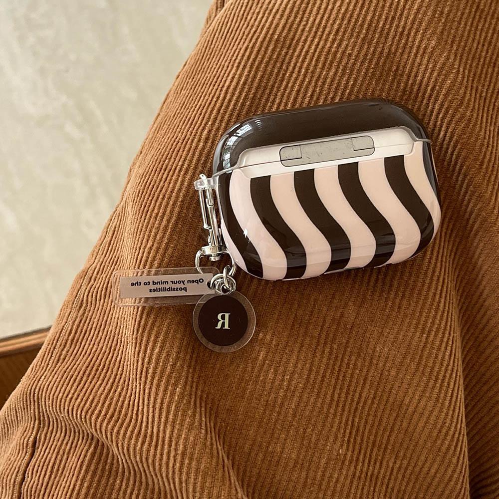Korea Coffee Colour Curve Stripe Gloss Silicone Earphone Case For Apple AirPods 2 3 4 Pro 2 Protective Shell With Pendant