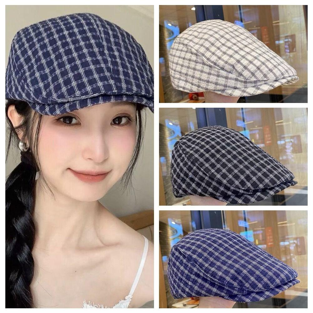 Korean Style Plaid Berets Forward Cap Painter Hat Retro Newsboy Caps  Student