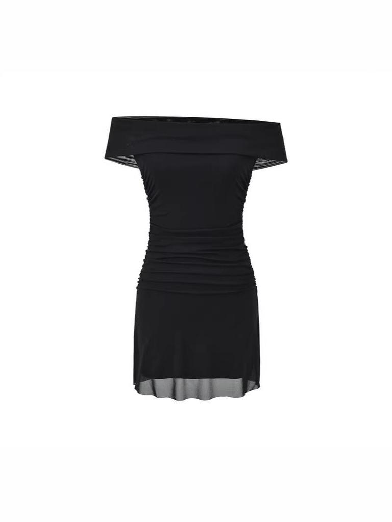Pure Desire Women's One-Shoulder Hip-Hugging Pleated Slimming Mesh Dress