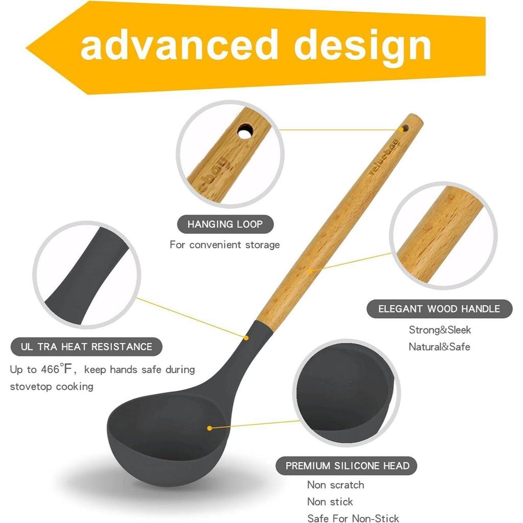 Cooking Utensils Kitchen Utensil Set, 12 PCS Wooden Handle Nontoxic BPA Free Silicone Spoon Spatula Turner Tongs Kitchen Gadgets Utensil Set