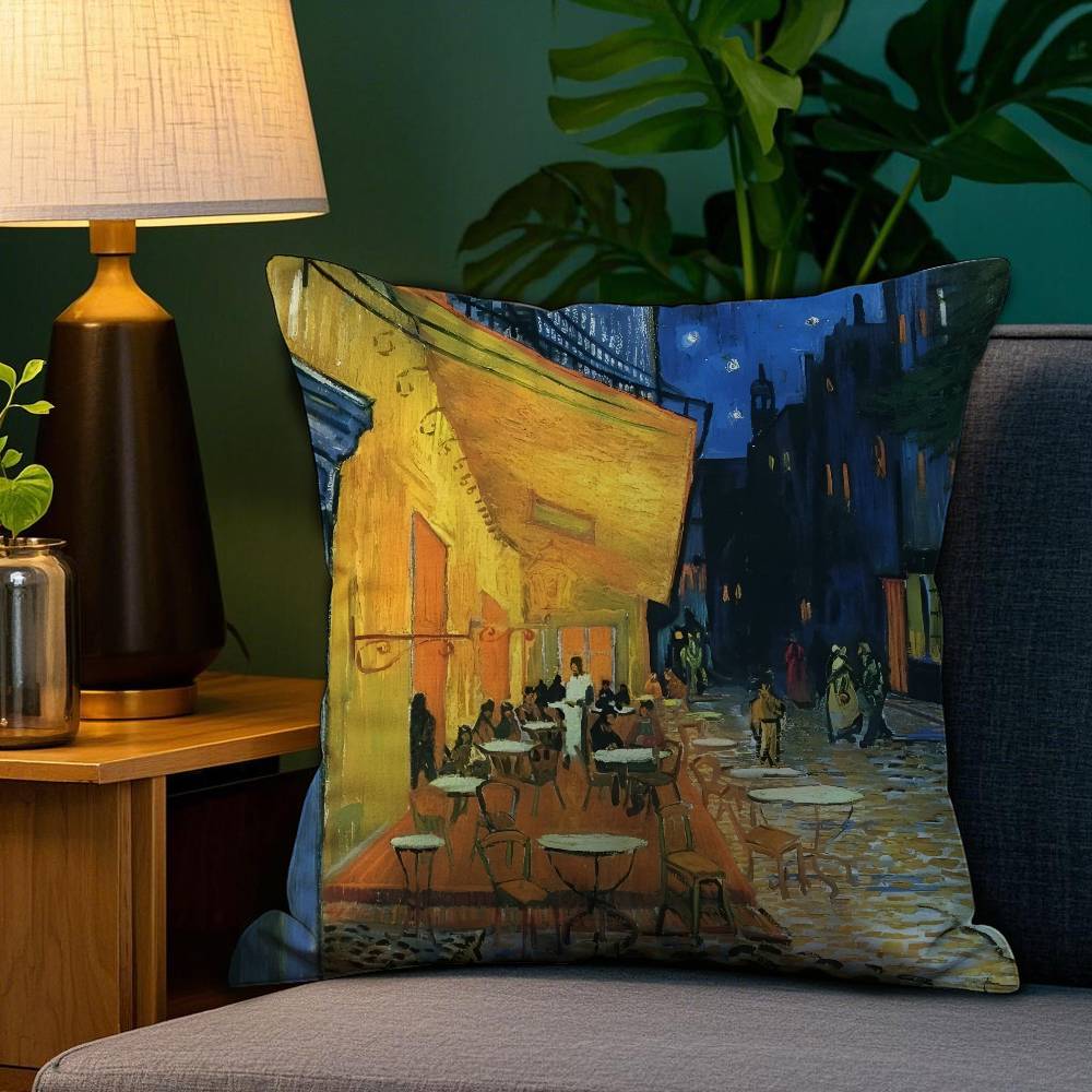 V-Van Gogh Oil Painting Print Pillow Case Anti-dustmite Pillowcase Invisible zipper silky short plush Sofa cushion cover