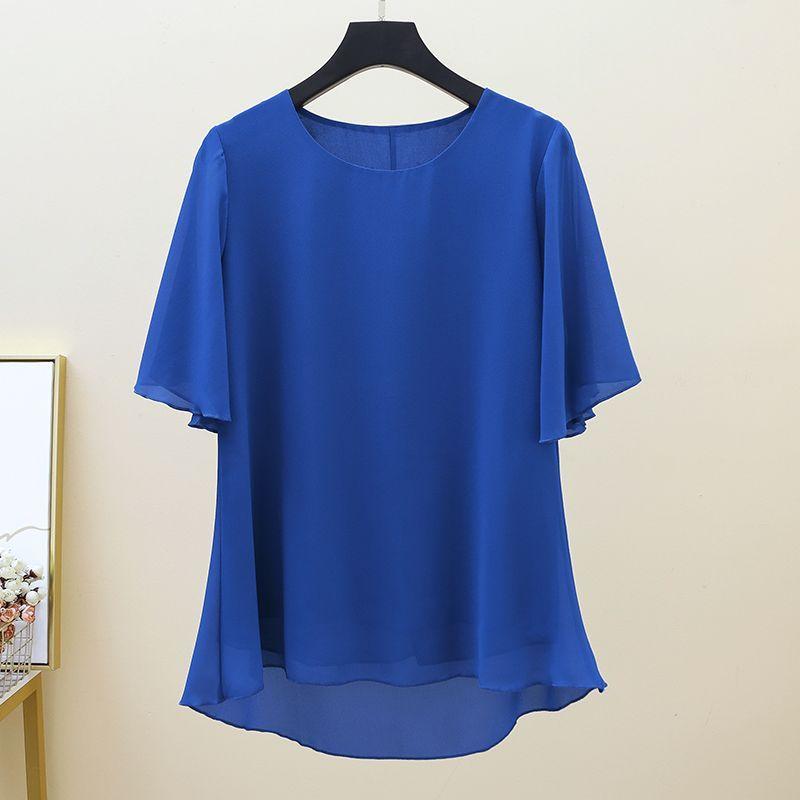 Large Size Chiffon Shirt Women's Short Sleeved Mom Outfit Summer Loose Top Round Neck Base Shirt