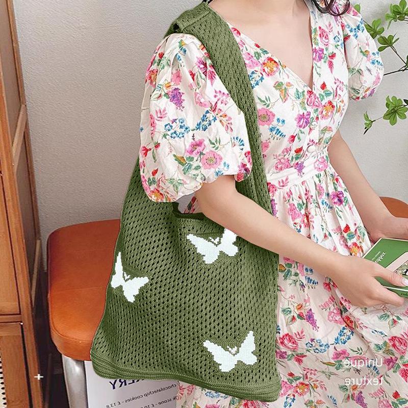 

Ladies Woven Bag Striped Knitted Bag Simple Hollow Out Hand Held Shoulder Bag