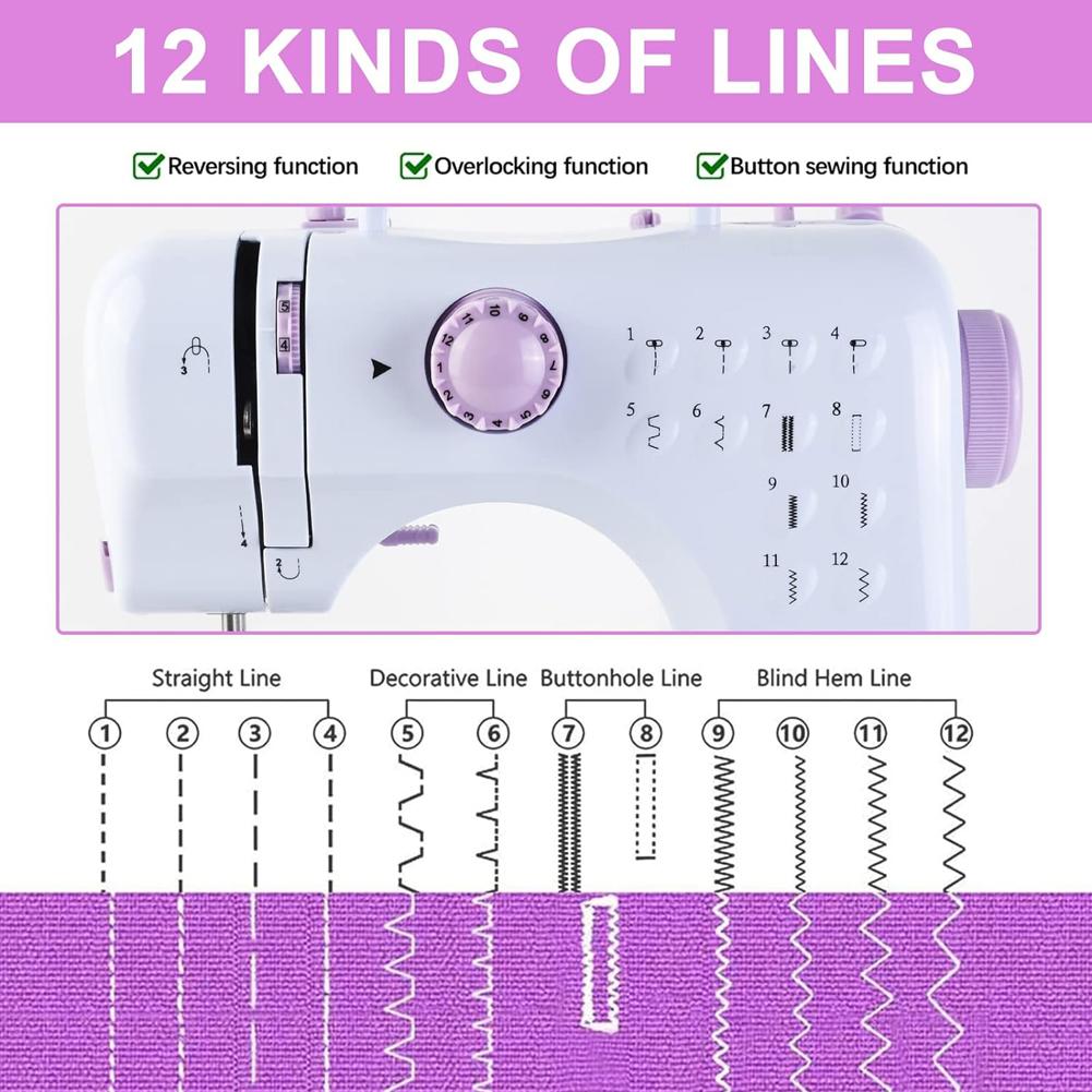 505A Household Mini Sewing Machine Double Speeds Small Sewing Machine 12 Built-In Stitches Travel Sewing Machines for Beginners