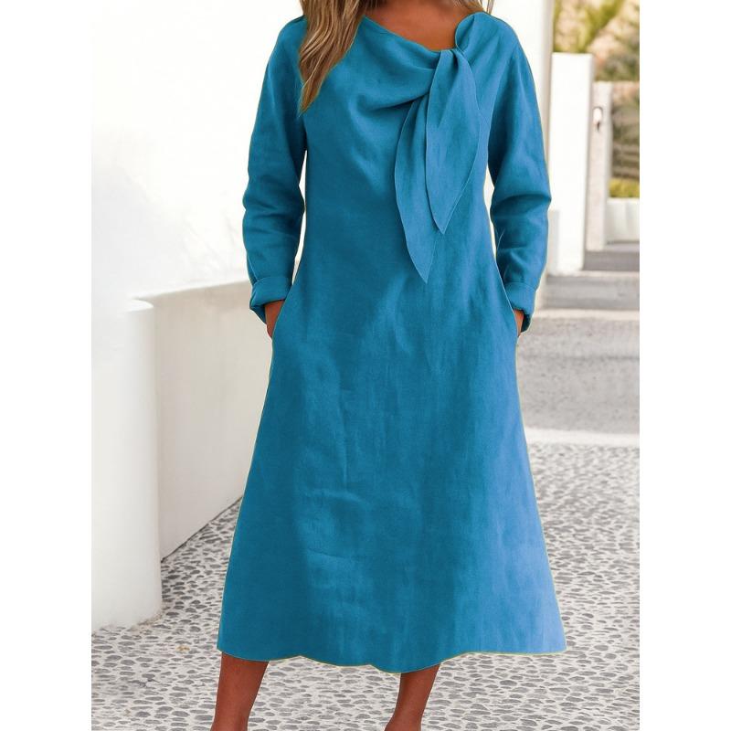 2025 New Women's Casual Round Neck Long Sleeve Pocket Cotton Linen Clean Color Dress Long Skirt