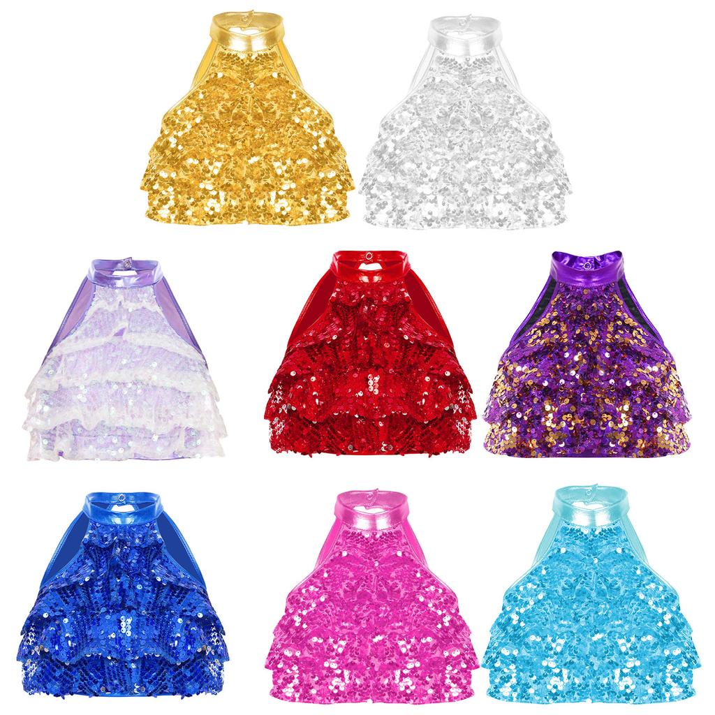 Girls Dance Competition Top Sleeveless Mock Neck Shiny Sequin Tiered Backless Crop Top Stage Performance Outfit
