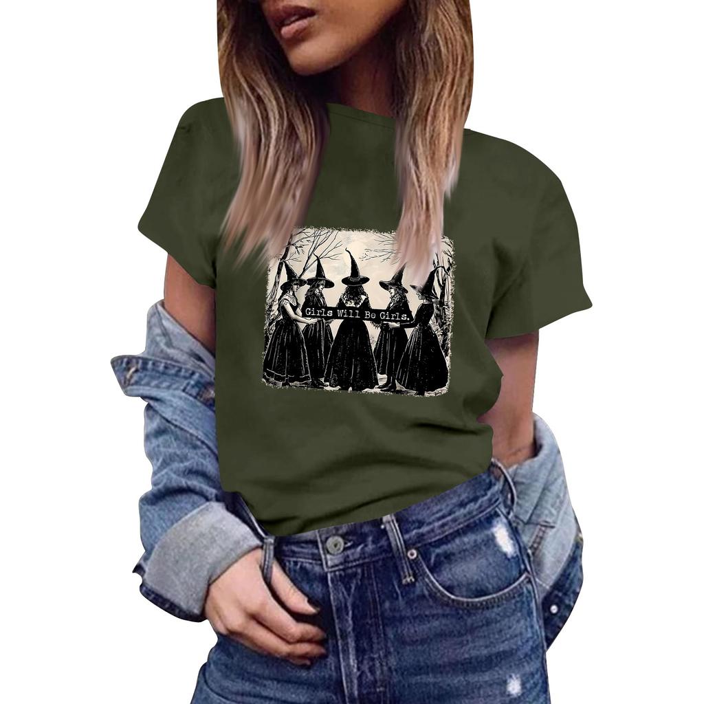 Kortermet topp for kvinner, avslappet, med trykk, rund hals, pullover